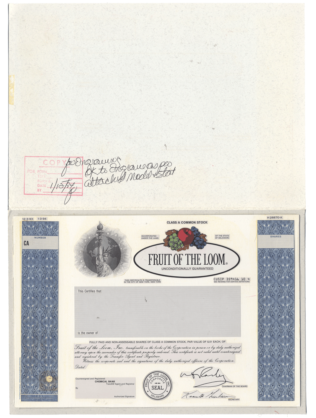 Working Proof from Fruit of the Loom for the company's Class A Common Stock