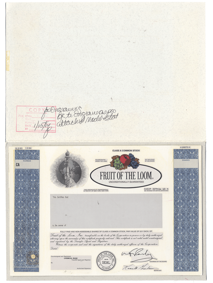 Working Proof from Fruit of the Loom for the company's Class A Common Stock