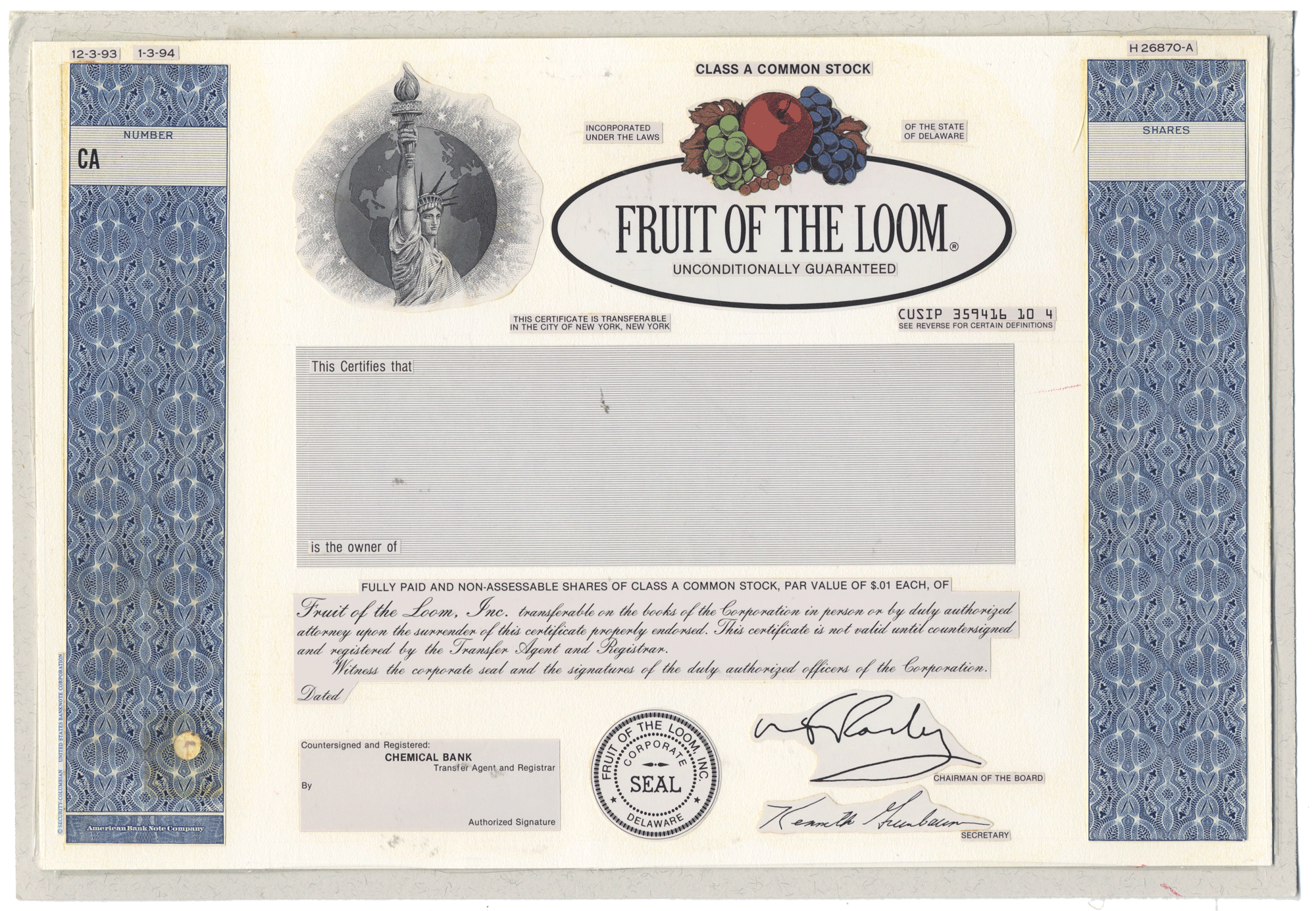 Working Proof from Fruit of the Loom for the company's Class A Common Stock