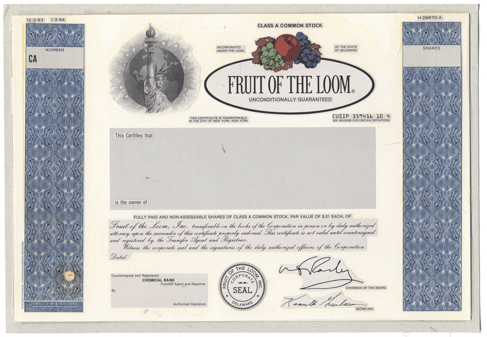 Working Proof from Fruit of the Loom for the company's Class A Common Stock