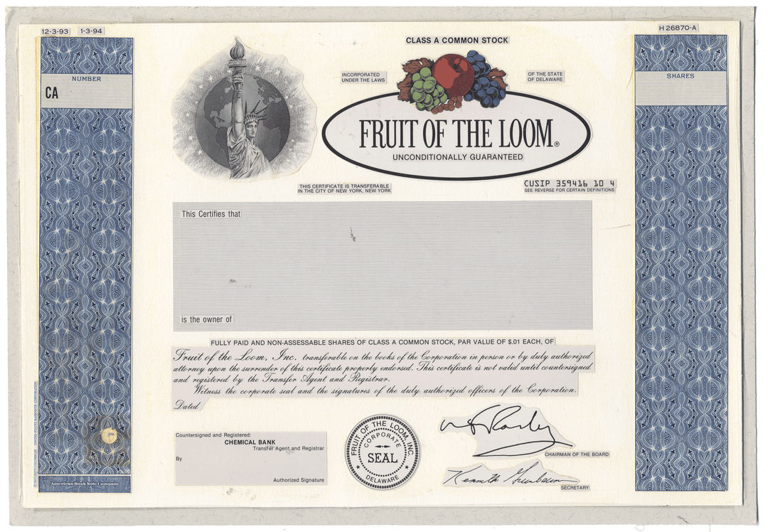 Working Proof from Fruit of the Loom for the company's Class A Common Stock