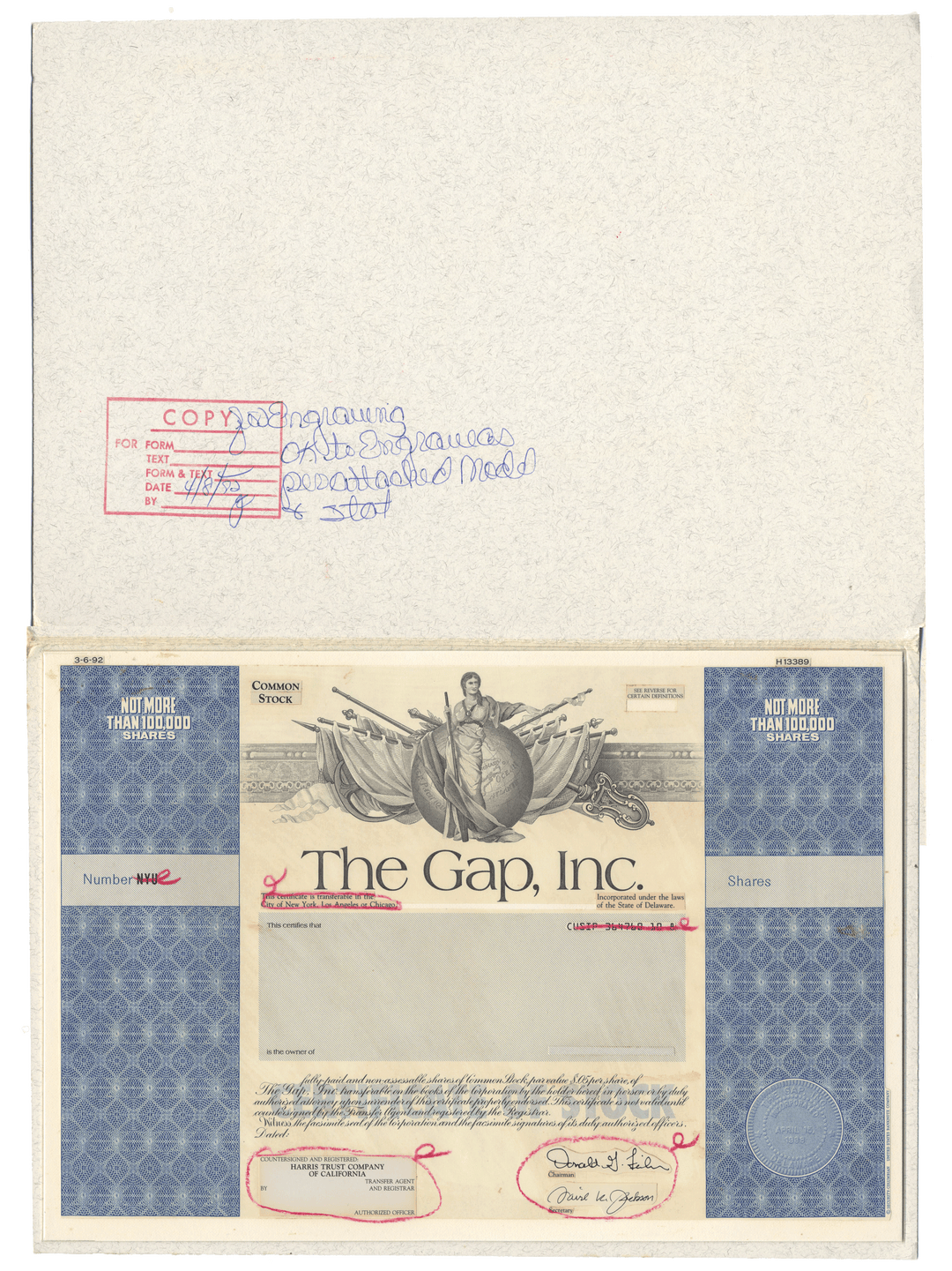 Rare working proof from the The Gap, Inc. for the company's common stock