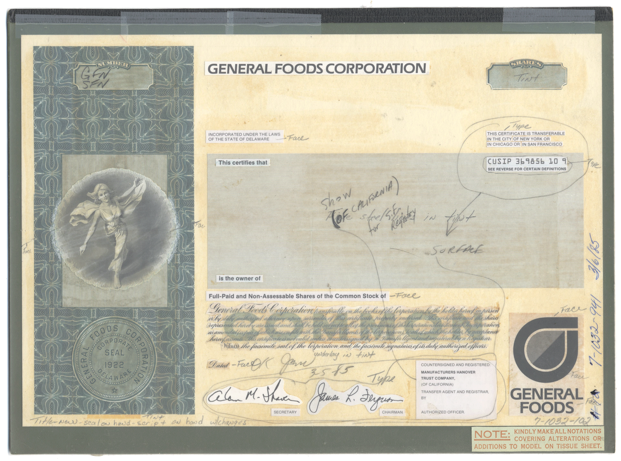Working Proof from General Foods for the company's Common Stock