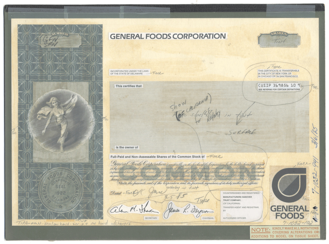 Working Proof from General Foods for the company's Common Stock