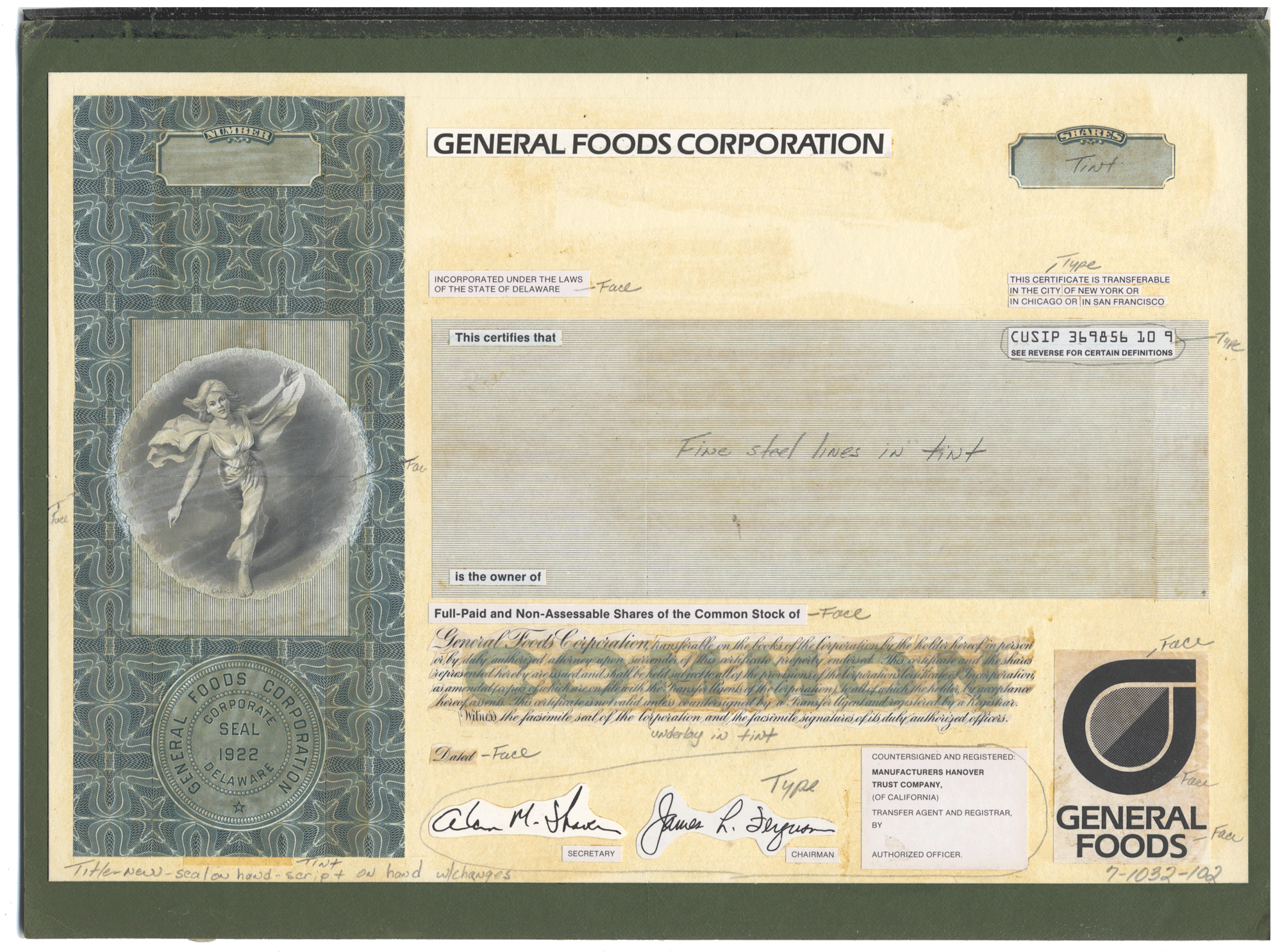 Working Proof from General Foods for the company's Common Stock