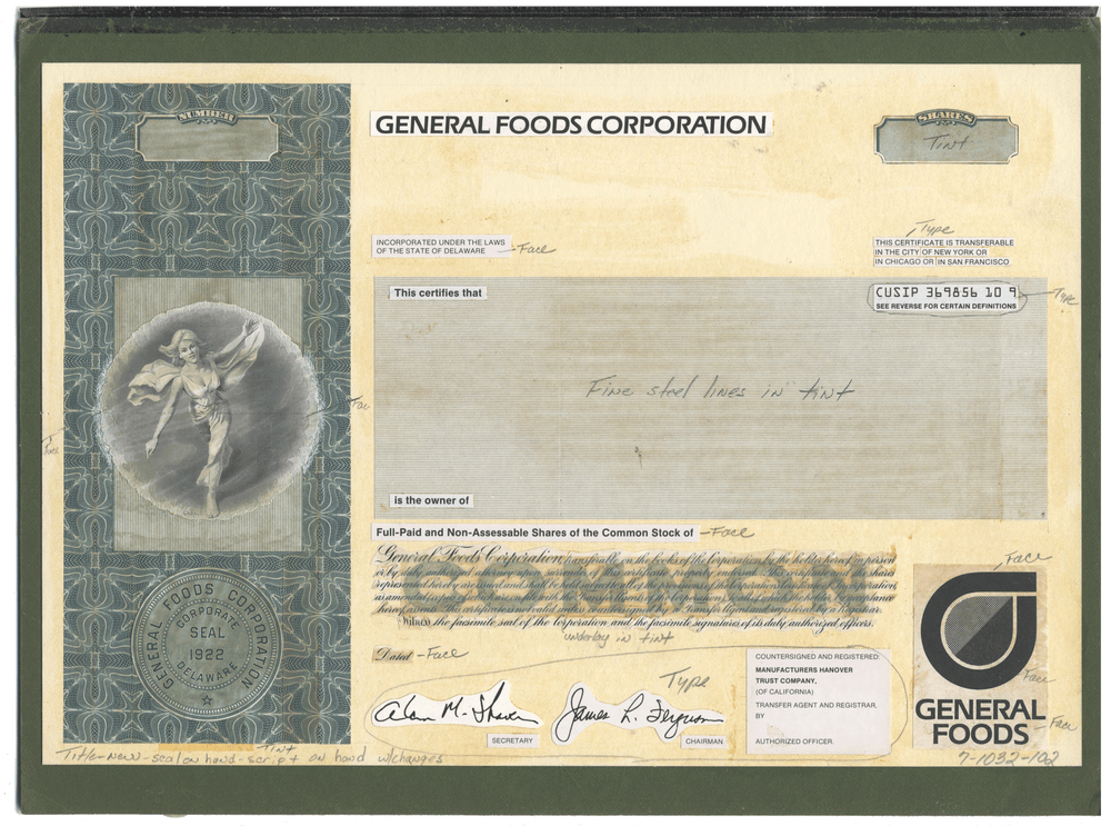 Working Proof from General Foods for the company's Common Stock
