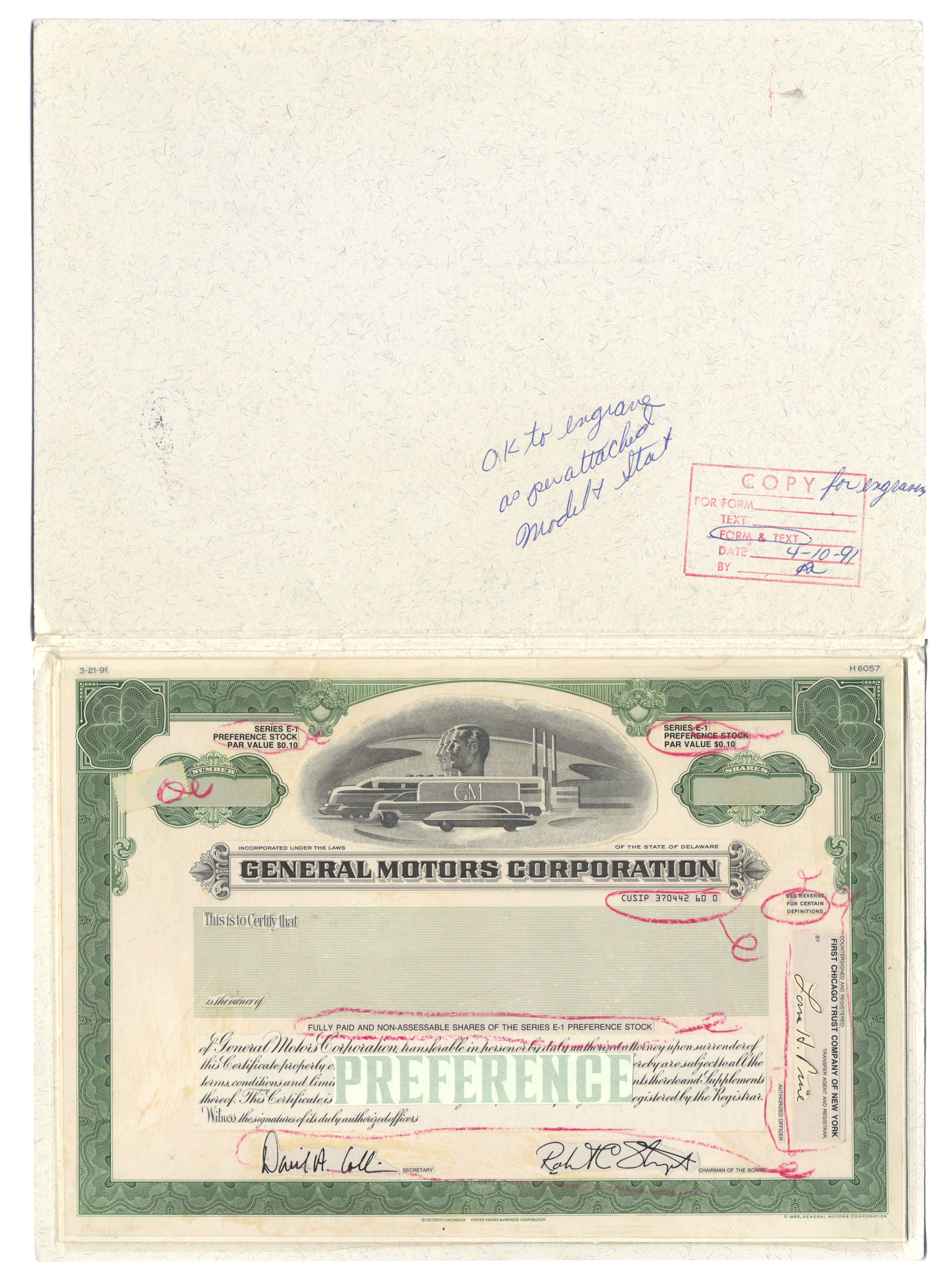 Rare General Motors Corporation working prooof for the company's preference stock