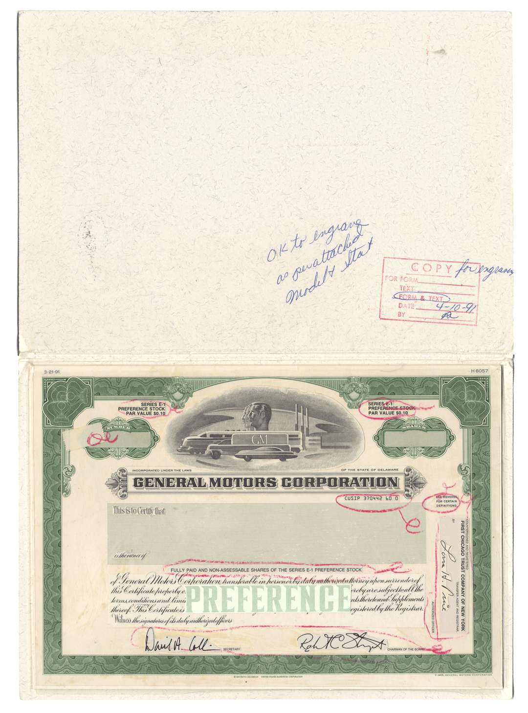 Rare General Motors Corporation working prooof for the company's preference stock
