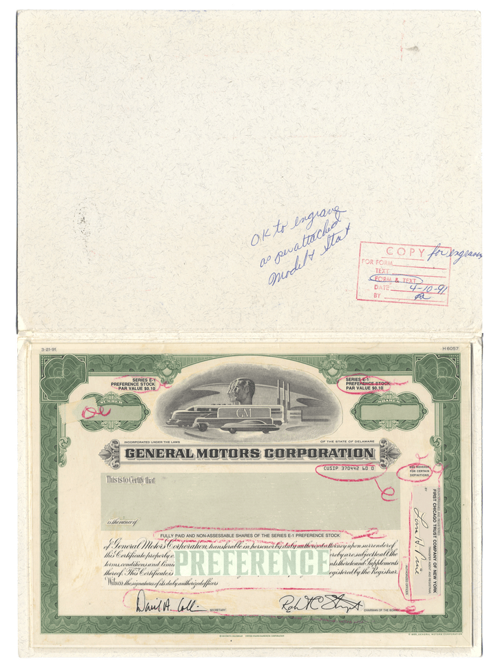 Rare General Motors Corporation working prooof for the company's preference stock