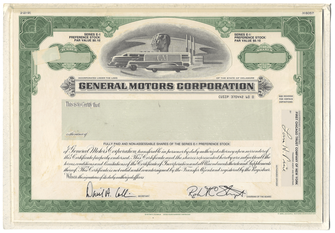 Rare General Motors Corporation working prooof for the company's preference stock
