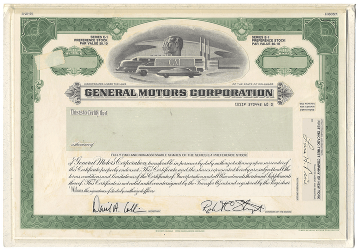Rare General Motors Corporation working prooof for the company's preference stock