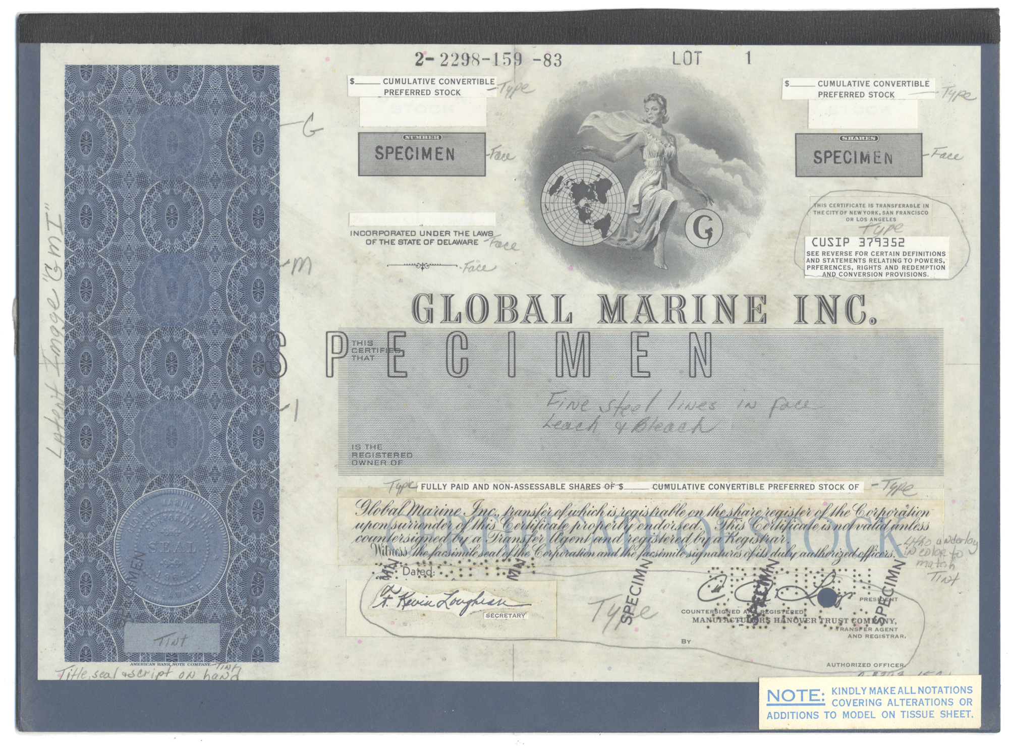 Rare GLOBAL MARINE, INC. Working Proof for Preferred Stock