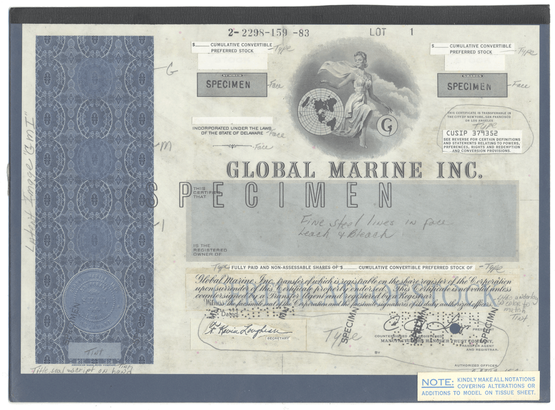 Rare GLOBAL MARINE, INC. Working Proof for Preferred Stock