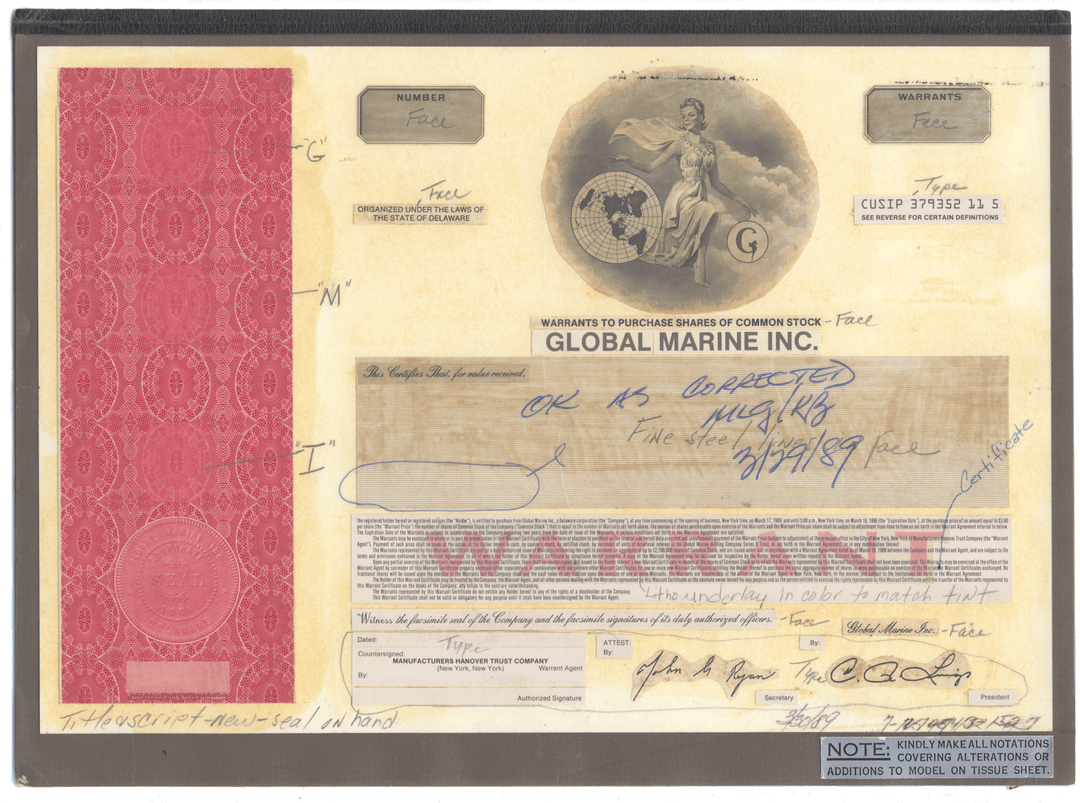 Working Proof from Global Marine for the company's Common Stock