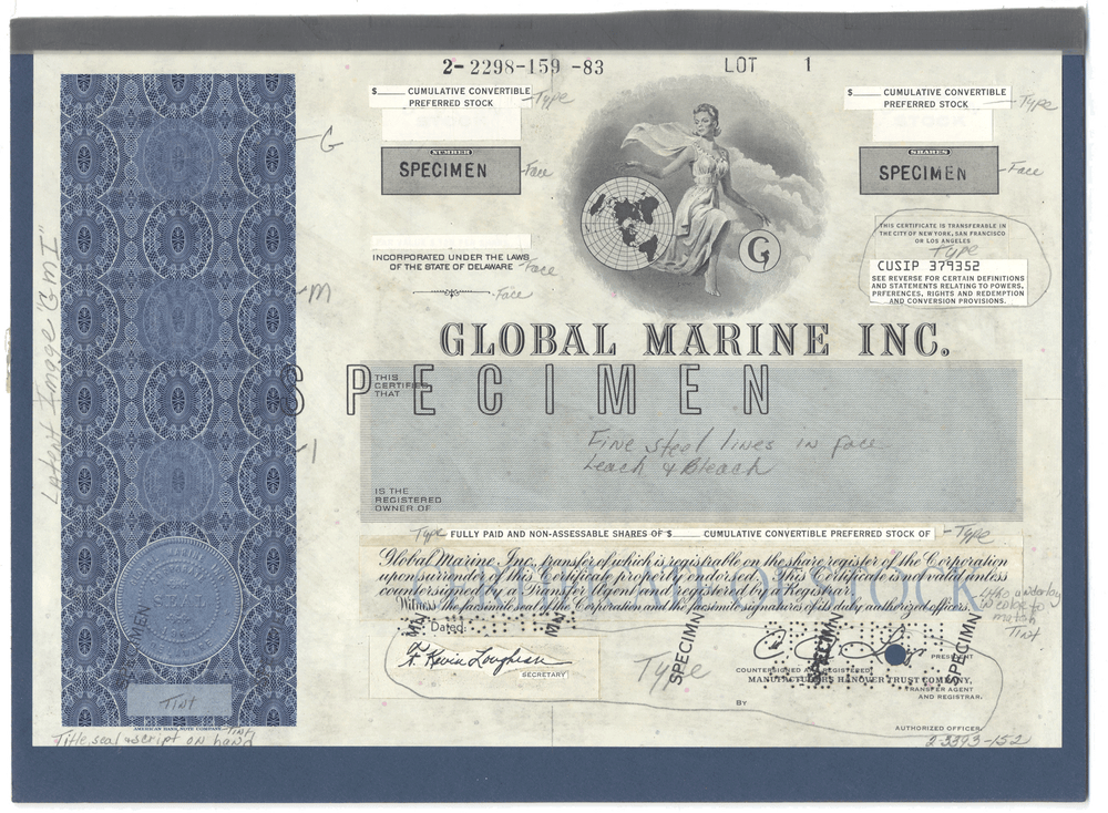 Rare GLOBAL MARINE, INC. Working Proof for Preferred Stock