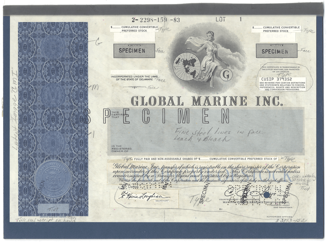 Rare GLOBAL MARINE, INC. Working Proof for Preferred Stock
