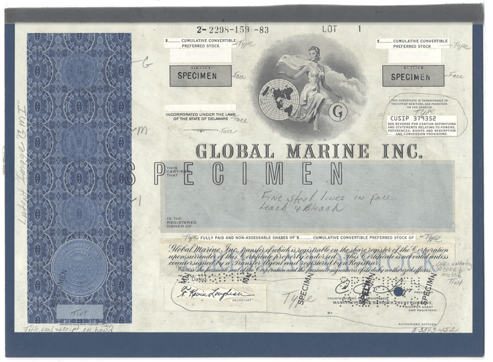 Rare GLOBAL MARINE, INC. Working Proof for Preferred Stock