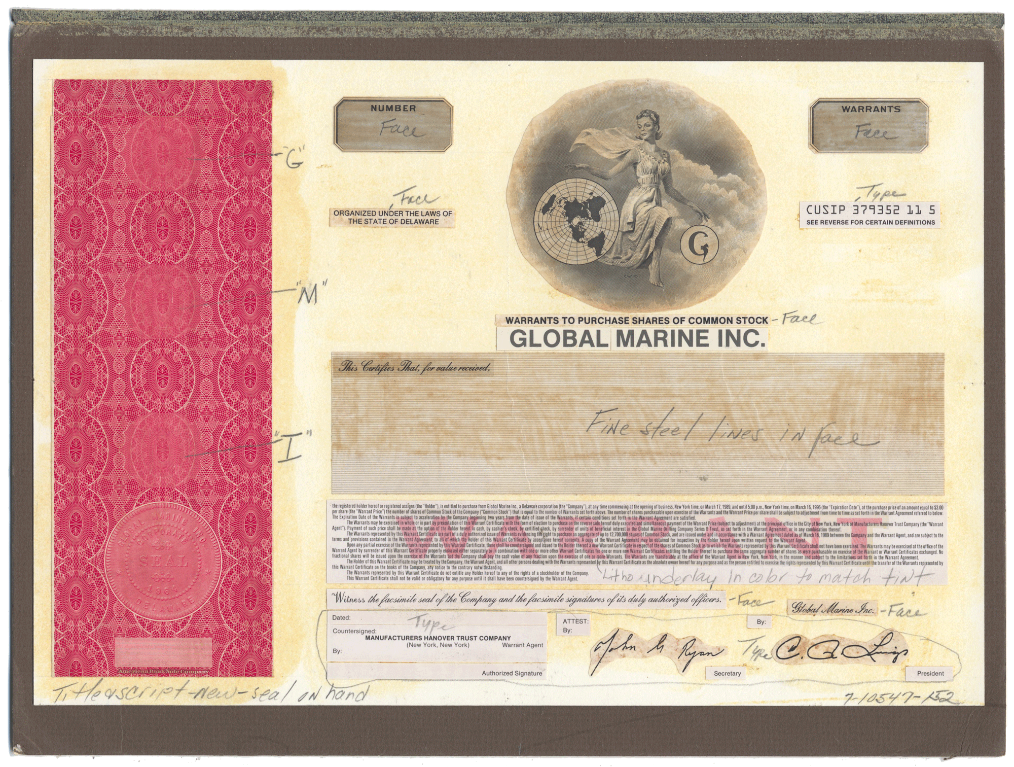 Working Proof from Global Marine for the company's Common Stock