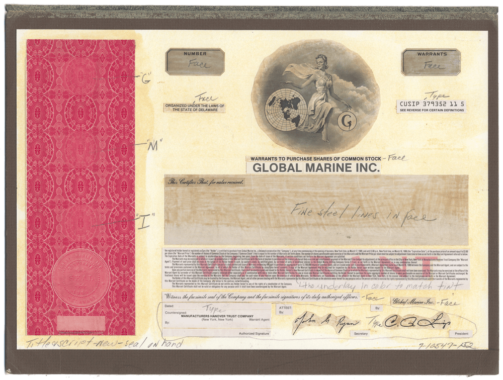 Working Proof from Global Marine for the company's Common Stock