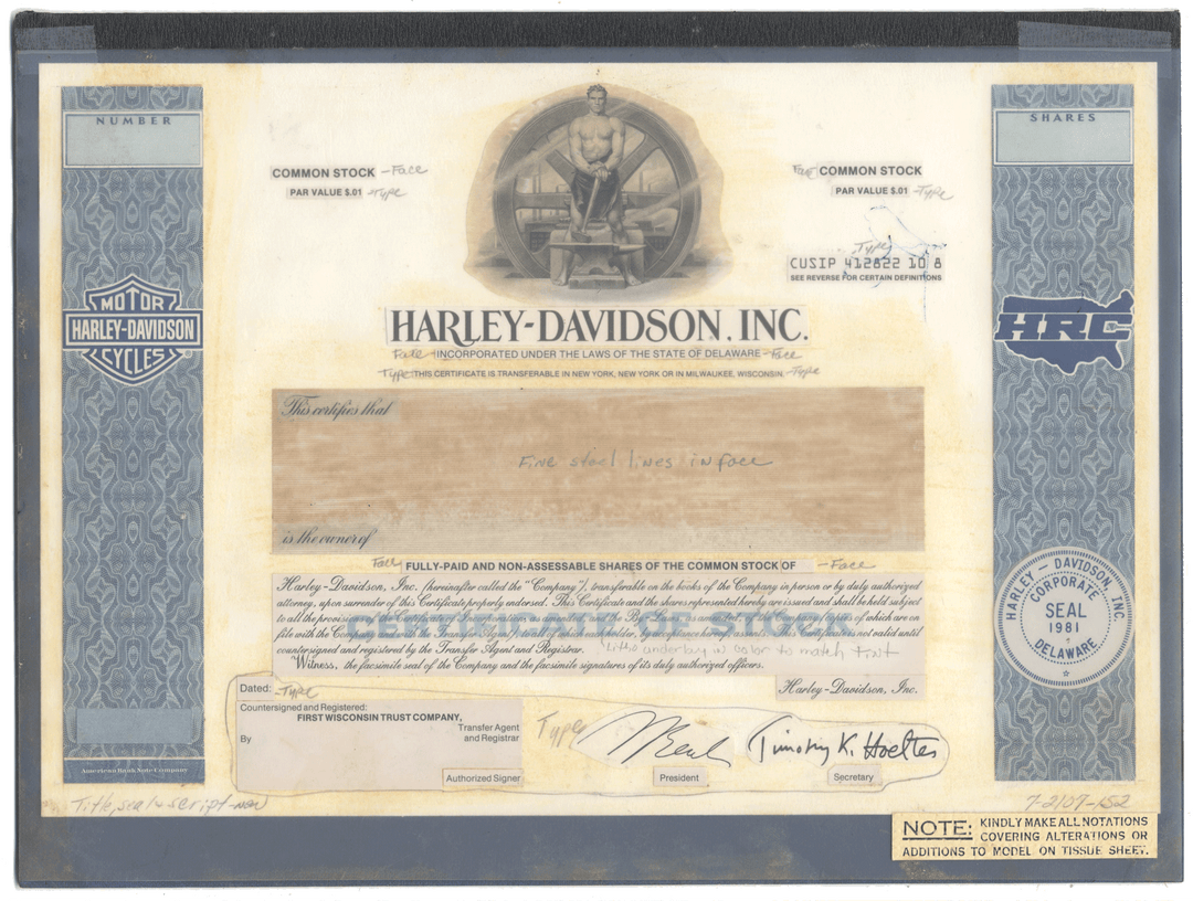Rare HARLEY-DAVIDSON Working Proof for one of the company's common stock certificates