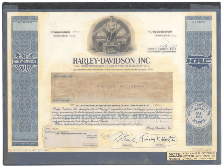 Rare HARLEY-DAVIDSON Working Proof for one of the company's common stock certificates