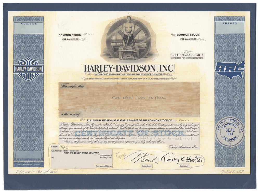 Rare HARLEY-DAVIDSON Working Proof for one of the company's common stock certificates