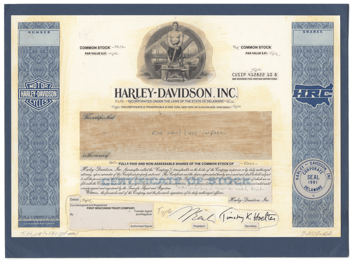 Rare HARLEY-DAVIDSON Working Proof for one of the company's common stock certificates