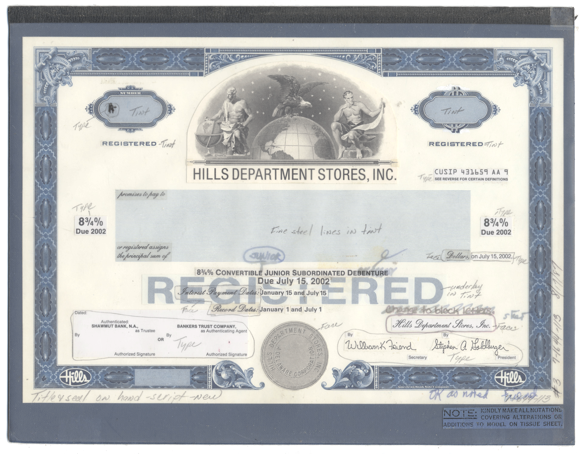 Working Proof from Hills Department Stores for the company's Registered Bonds