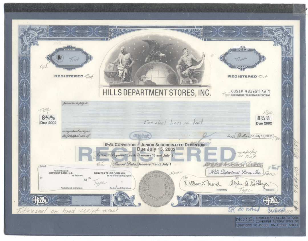 Working Proof from Hills Department Stores for the company's Registered Bonds