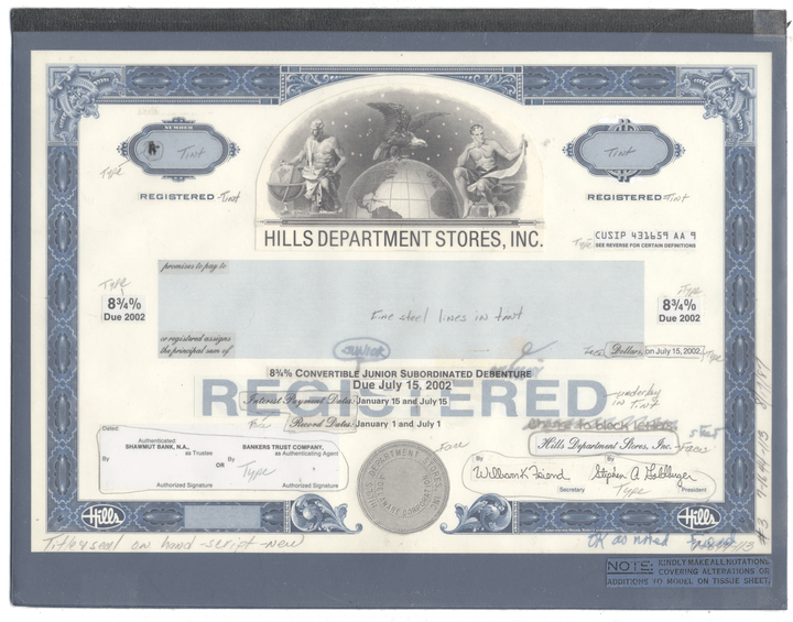 Working Proof from Hills Department Stores for the company's Registered Bonds