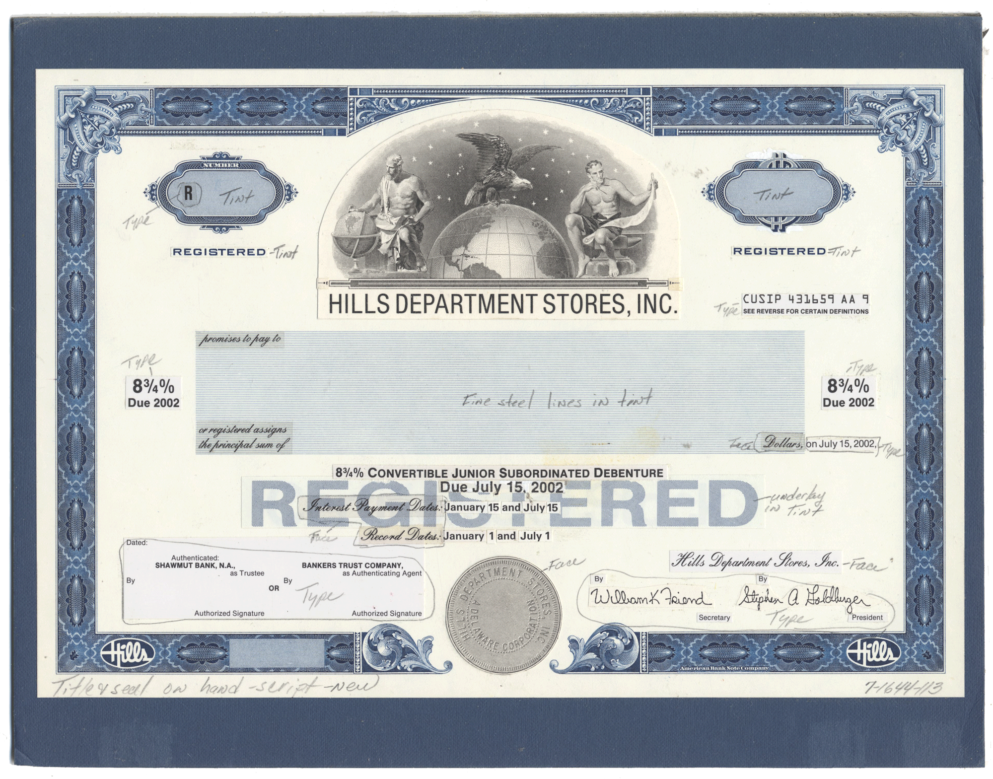 Working Proof from Hills Department Stores for the company's Registered Bonds