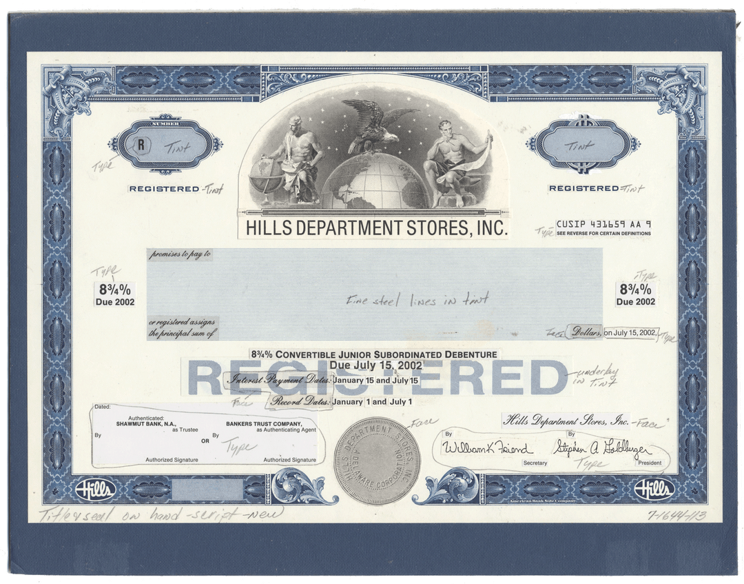 Working Proof from Hills Department Stores for the company's Registered Bonds