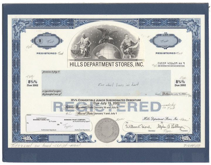 Working Proof from Hills Department Stores for the company's Registered Bonds
