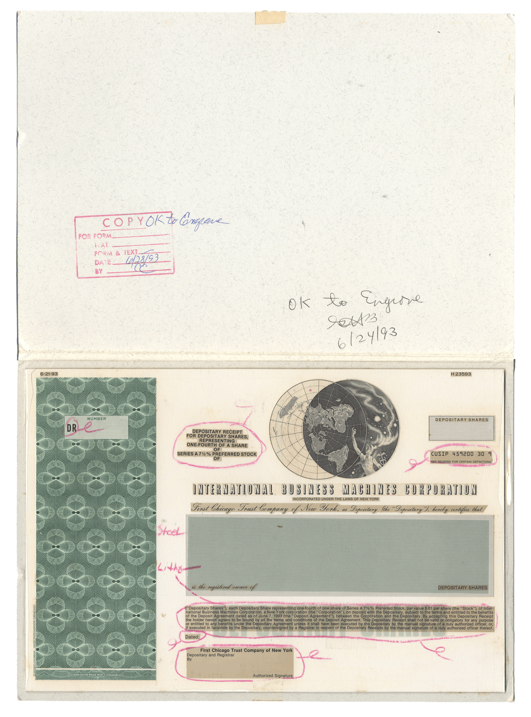 Very Rare INTERNATIONAL BUSINESS MACHINES (IBM) Working Proof for the company 's depositary shares