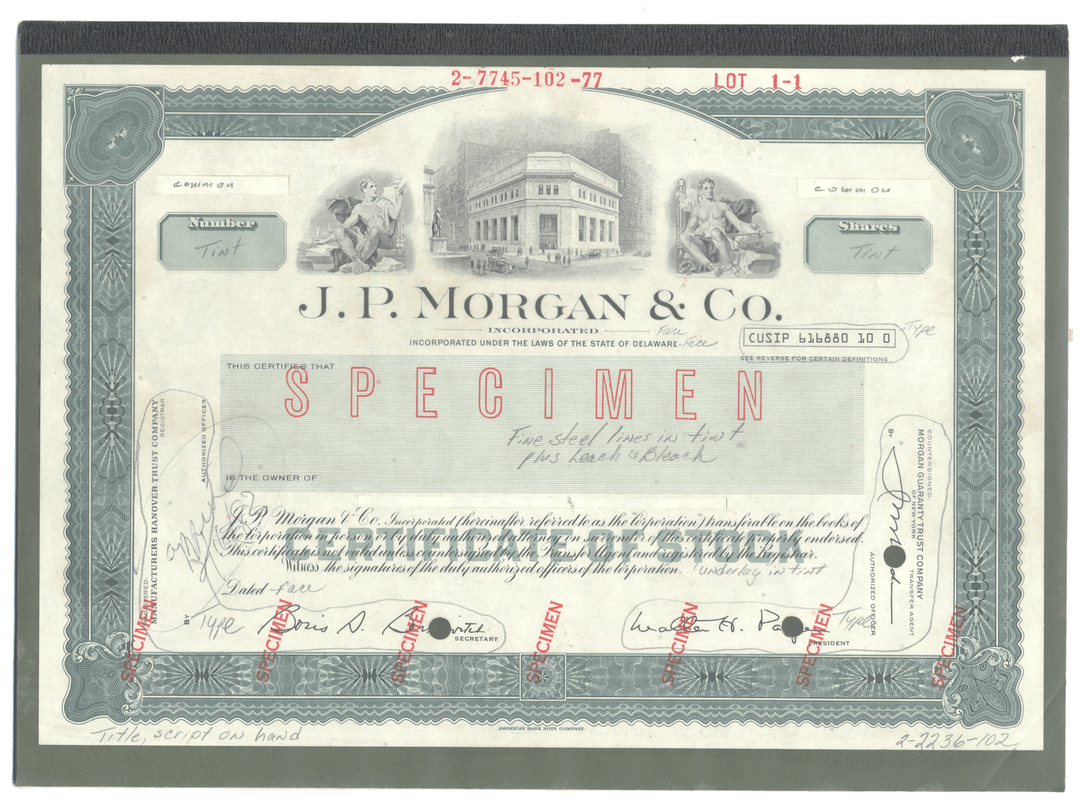 Extremely Rare J. P. MORGAN Working Proof for one of the company's stock certificates