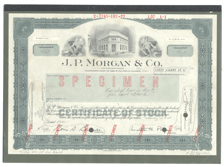 Extremely Rare J. P. MORGAN Working Proof for one of the company's stock certificates