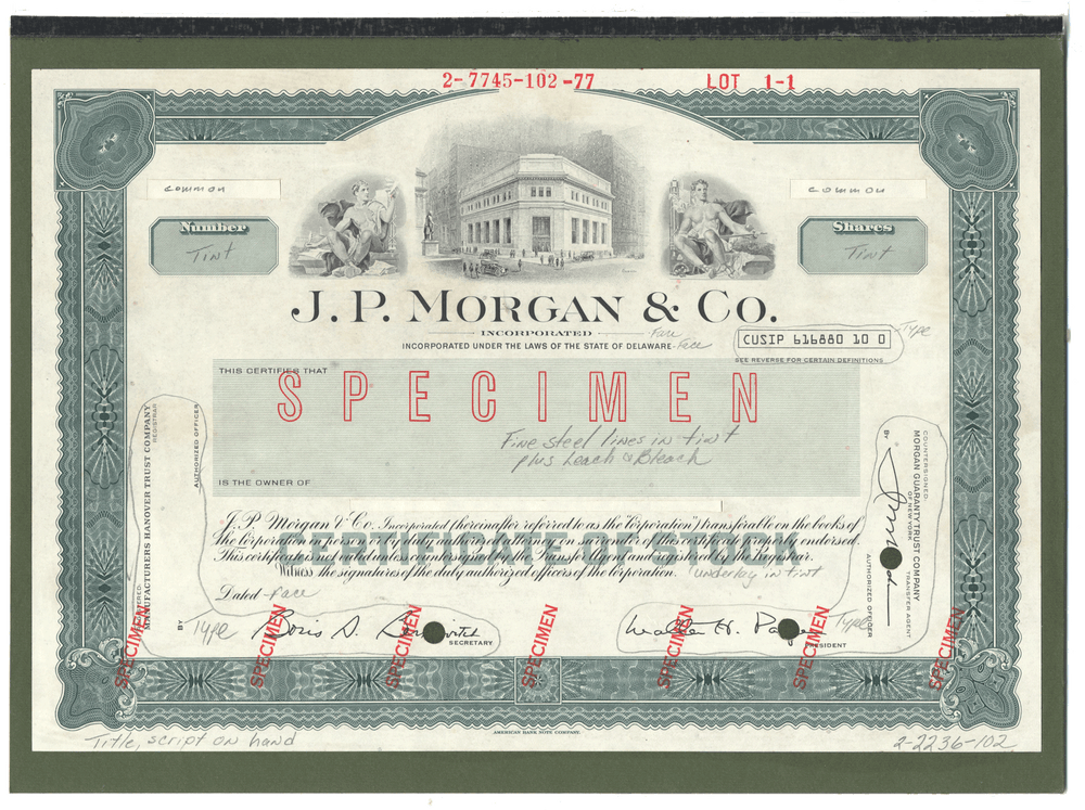 Extremely Rare J. P. MORGAN Working Proof for one of the company's stock certificates