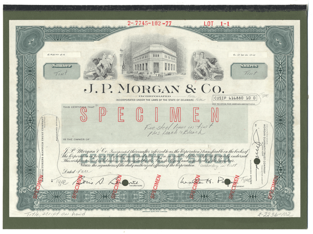 Extremely Rare J. P. MORGAN Working Proof for one of the company's stock certificates