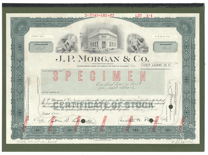 Extremely Rare J. P. MORGAN Working Proof for one of the company's stock certificates