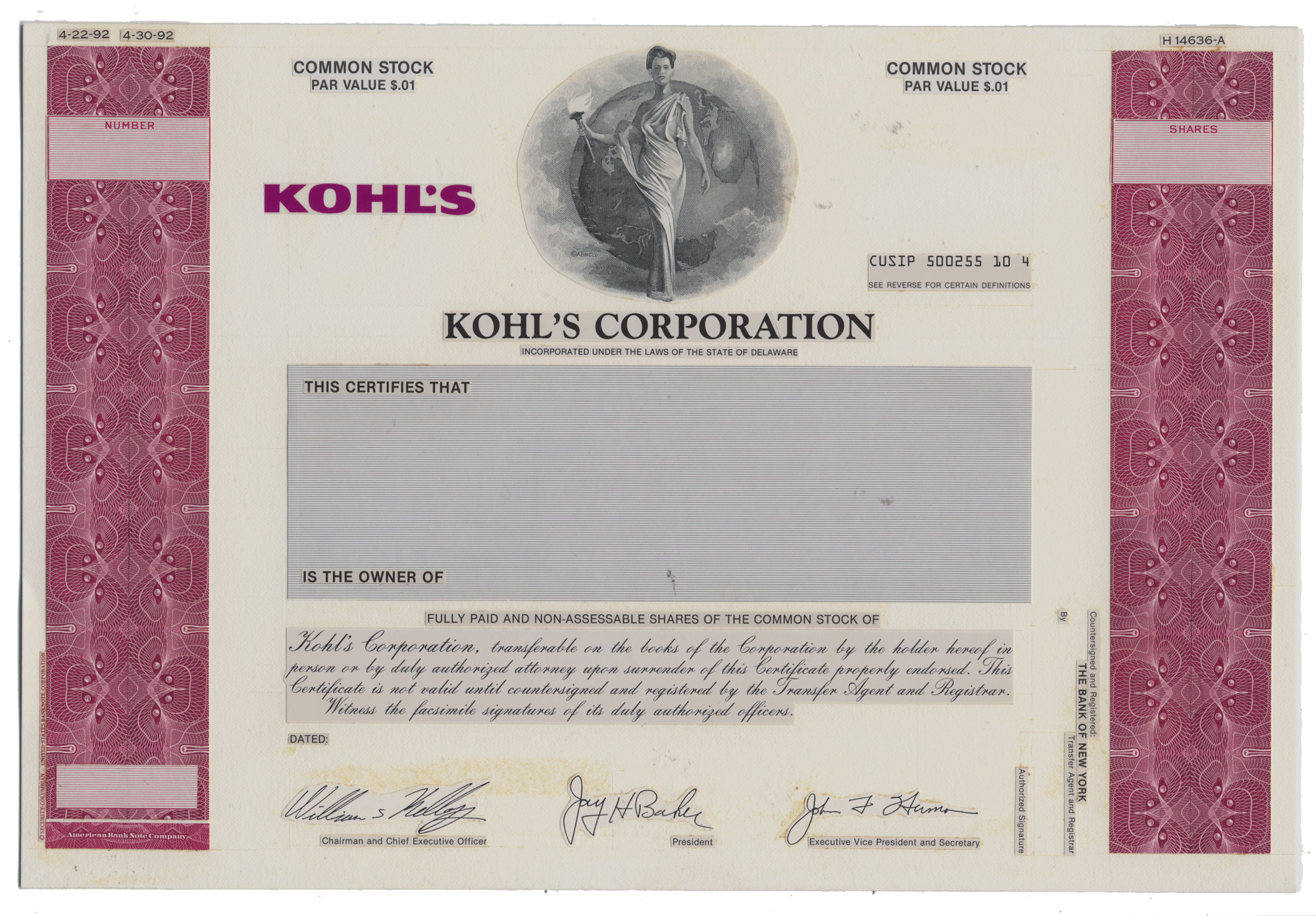 Working Proof from KOHL'S for the company's Common Stock