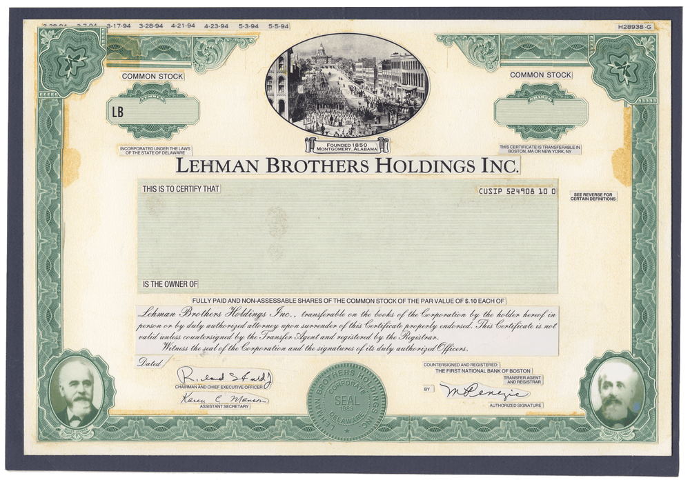 Working Proof from Lehman Brothers for the company's Common Stock