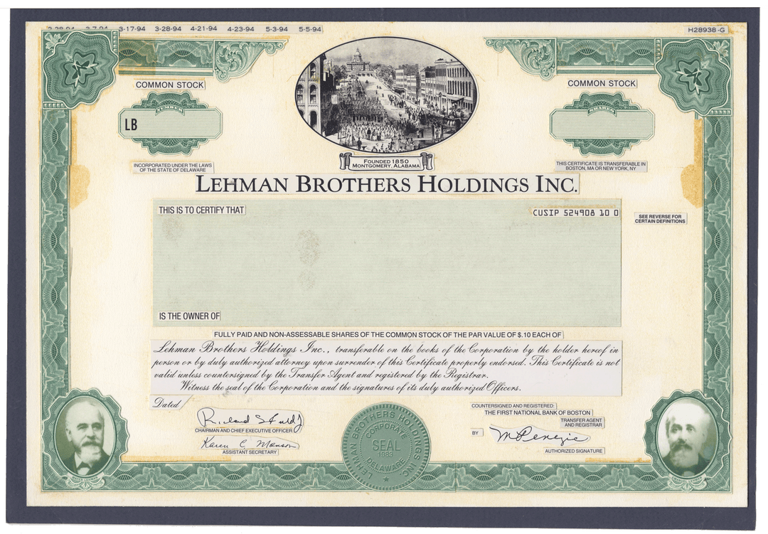 Working Proof from Lehman Brothers for the company's Common Stock