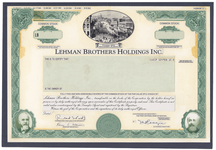 Working Proof from Lehman Brothers for the company's Common Stock