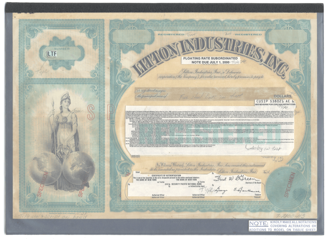 Rare LITTON INDUSTRIES Working Proof for a floating subordinated bond certificate