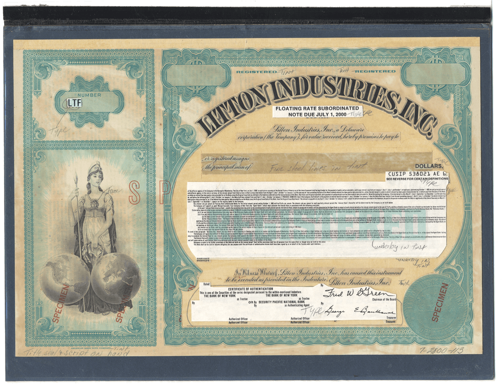 Rare LITTON INDUSTRIES Working Proof for a floating subordinated bond certificate