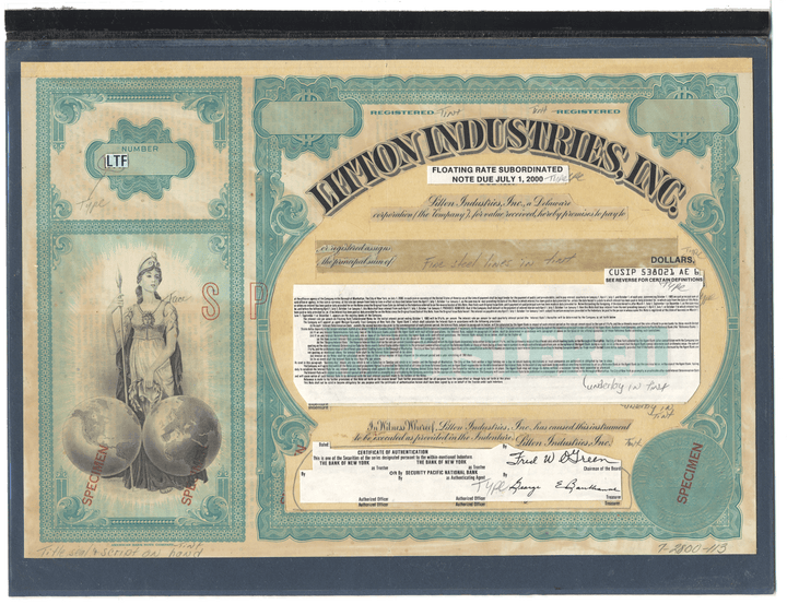 Rare LITTON INDUSTRIES Working Proof for a floating subordinated bond certificate
