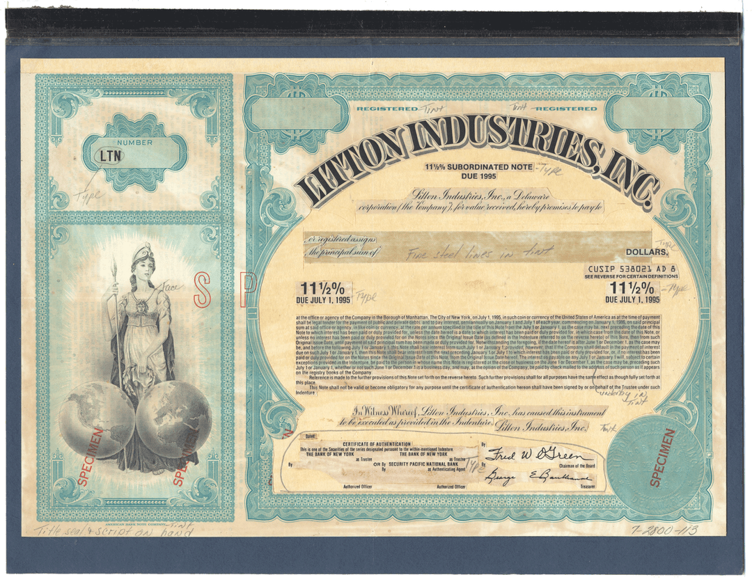 Rare LITTON INDUSTRIES Working Proof for a floating subordinated bond certificate