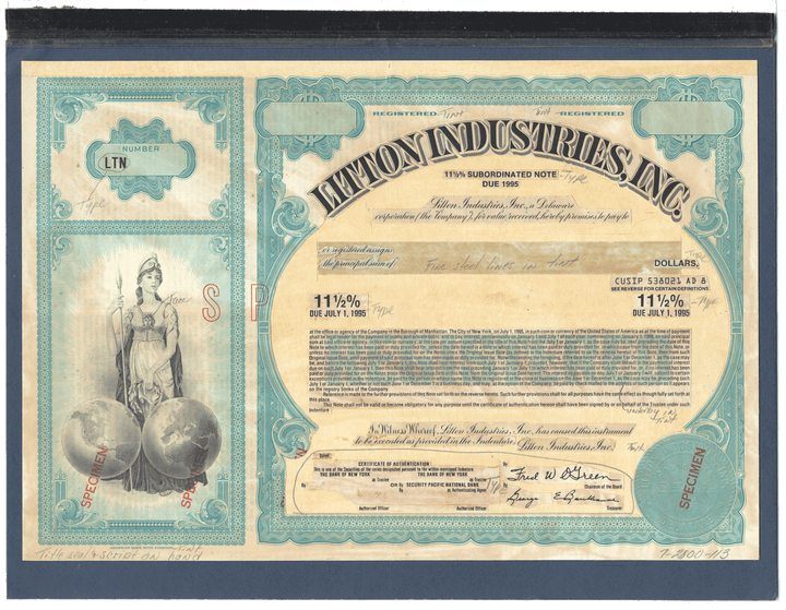 Rare LITTON INDUSTRIES Working Proof for a floating subordinated bond certificate