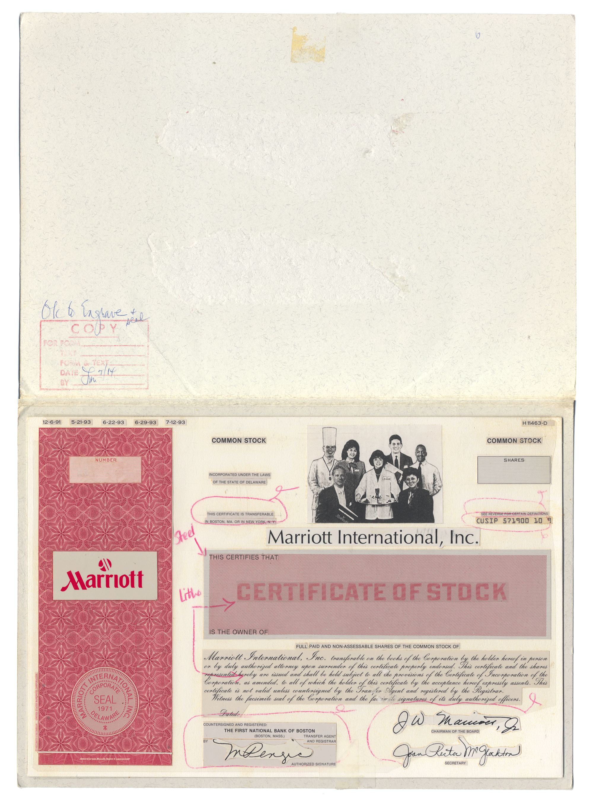 Very Rare MARRIOTT HOTELS Working Proof of Common Stock