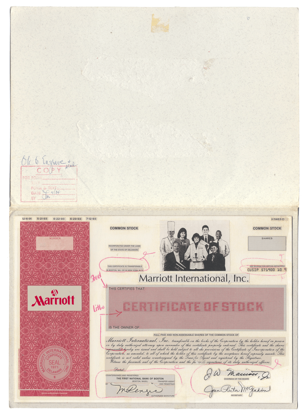 Very Rare MARRIOTT HOTELS Working Proof of Common Stock